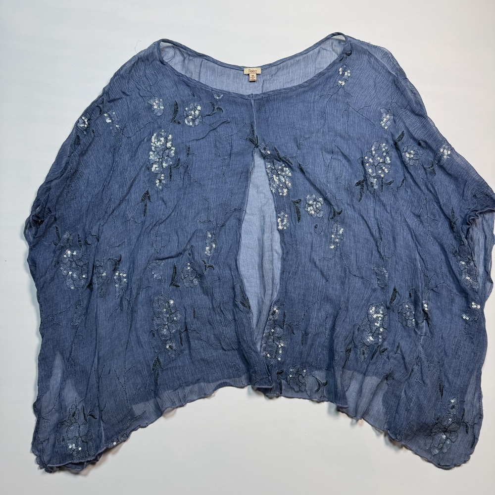 Reba Pouncho Blouse Womens Medium Blue Floral Sequin Sheer Chiffon Boho Festival